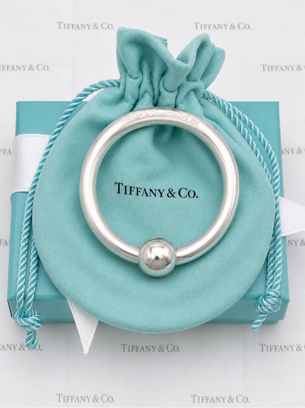 Tiffany & Co. Baby Rattle Sterling Silver 925 W/Tiffany Gift Box, Pouch & Bag